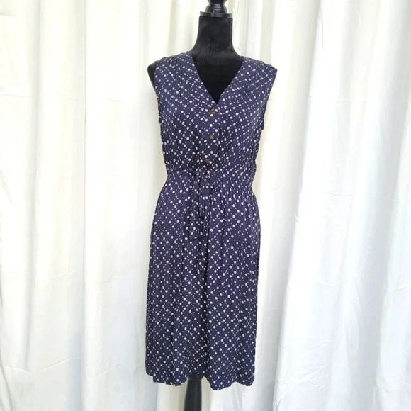 Fossil Silk Dress Medium M Navy Blue V-neck Sleeveless Empire Waist Donut polka - Picture 1 of 11